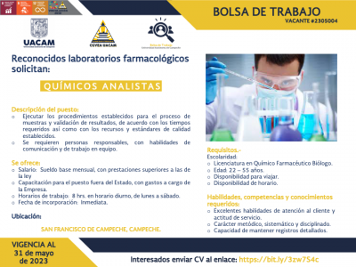 Oportunidad laboral para egresados del Programa Académico de Licenciatura en Químico Farmacéutico Biólogo.